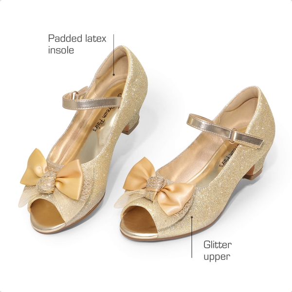 Girls' Bow Flower Low Heel Dress Shoes  - GOLD-GLITTER - 2